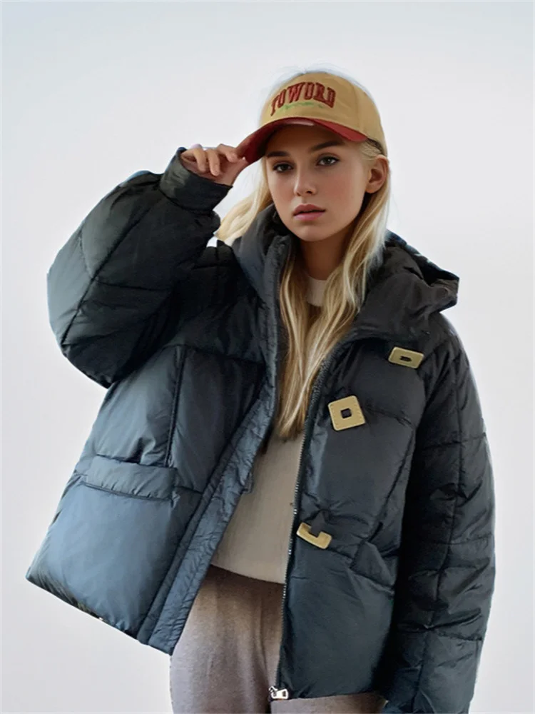 2024 Winter New Women\'s Bread Jacket Solid Color Fashion Statement Button Design Down Padded Jackets Hooded Loose Warm Jacket