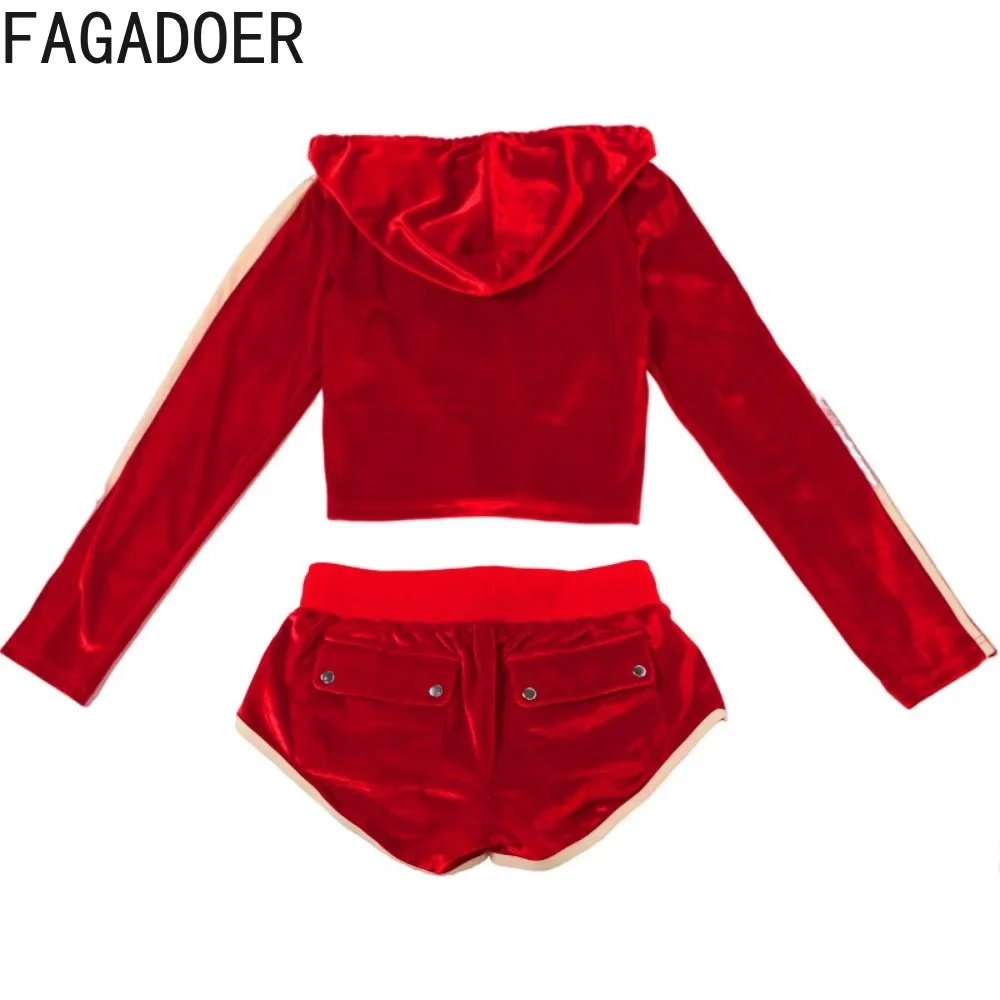 FAGADOER Autumn Velvet 2 Piece Sets Outfit Women Casual Zip Drawstring Hooded Sweatshirt Top + Shorts Suit Joggers Sportswear