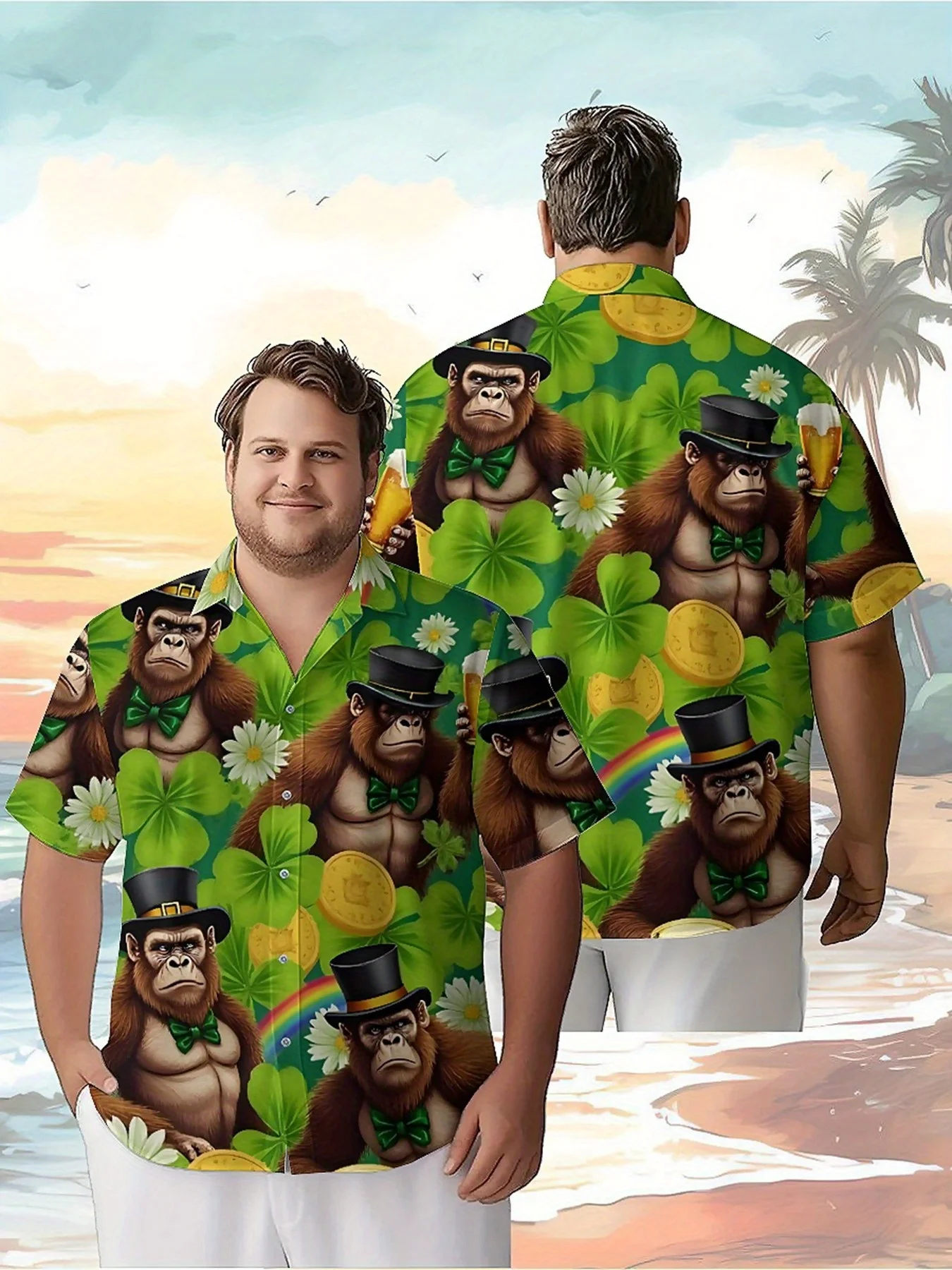 

Men's Plus Size Hawaiian Shirts St. Patrick's Day with Monkeys and Rainbows Pattern, Summer Casual Tops, Outdoor, Streetwear