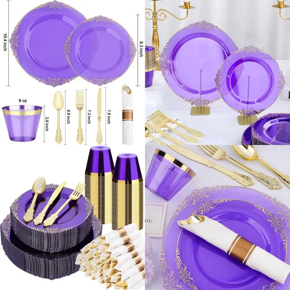 

Purple & Gold Plastic Dinnerware Set for 50, Includes 100 Plates, 150 Cutlery, 50 Cups & Napkins