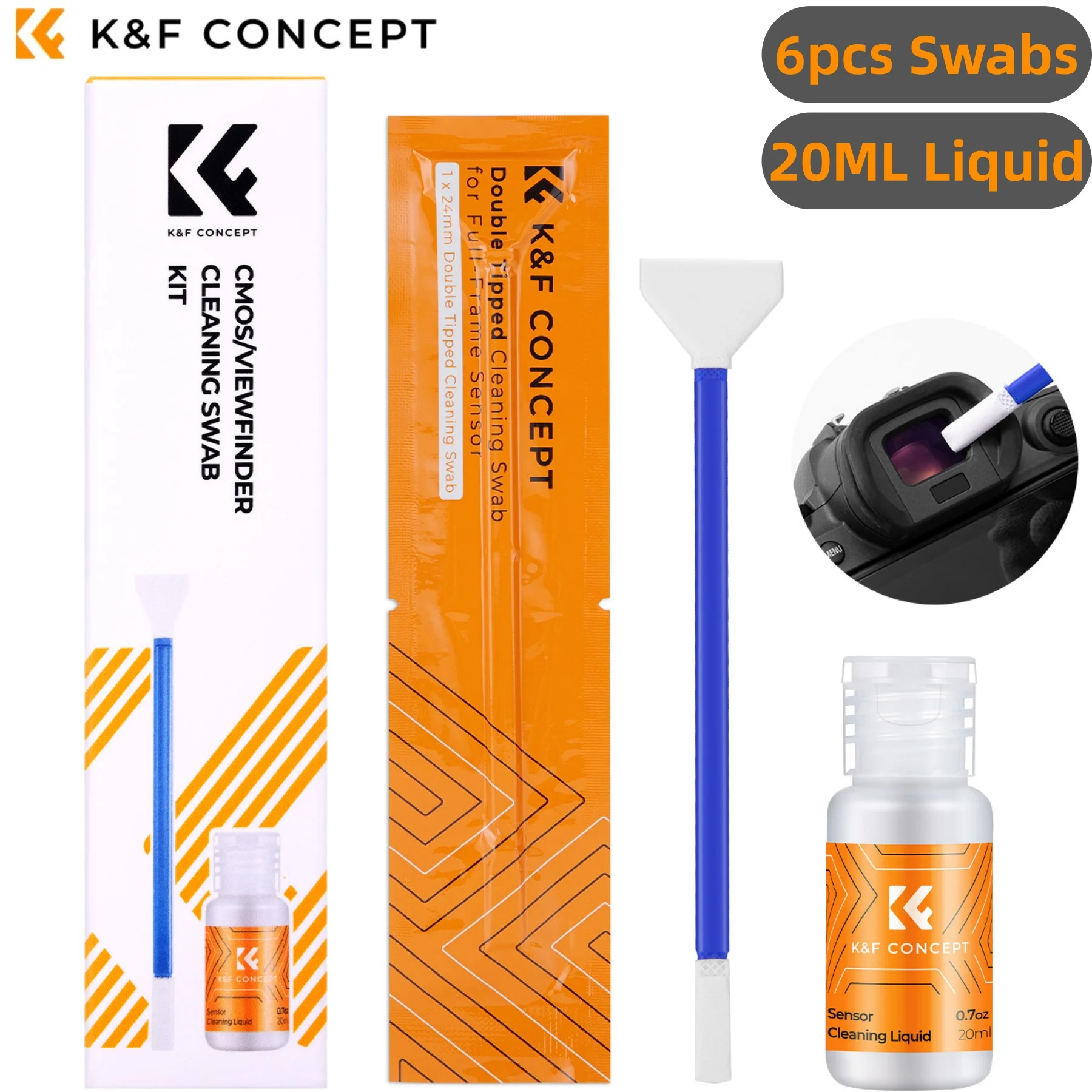 K&F CONCEPT 24mm Full Frame/16mm APS-C 2 in 1 Sensor Cleaning Swabs Stick*5pc+20ml Liquid Cleaner Sets For CMOS CCD DSLR Cameras