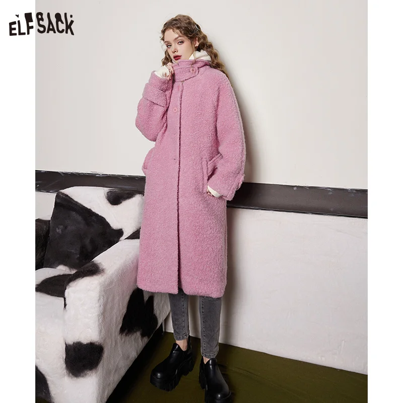 ELFSACK Pink Warm Wool Coats Women 2023 Winter Sweety Loose Long Outwears