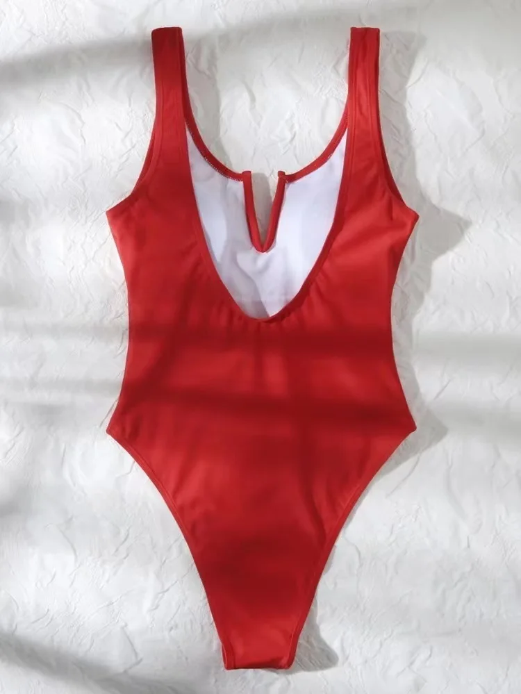 Hot Sale Of The Season New Sexy Pure Color V-Neck One-Piece Triangle Swimsuit Women's Slimming Belly Covering Cross-Border Swimw