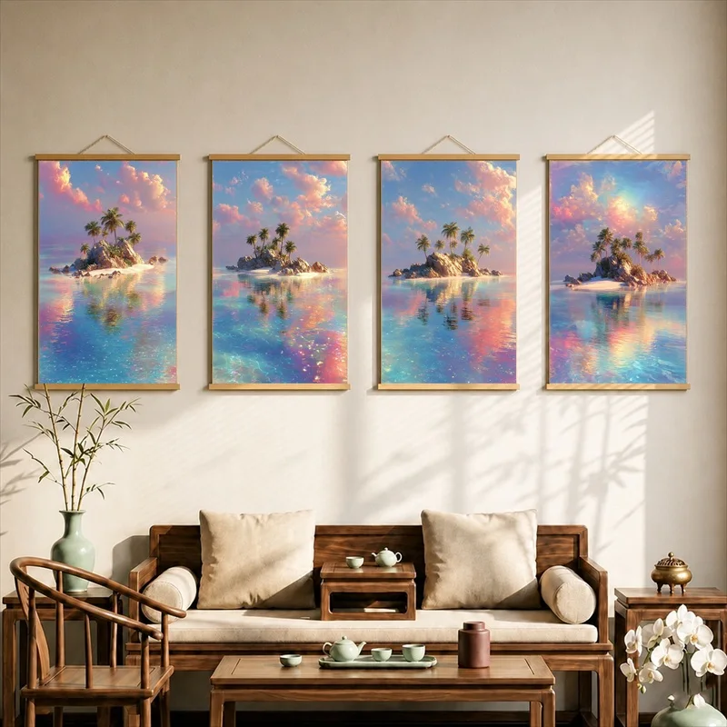 Wall Art Palm Shadows and Sunlit Sea, Mediterranean Coastal Pearlescent Canvas Wall Hanging Scroll for Vacation Villa Interior