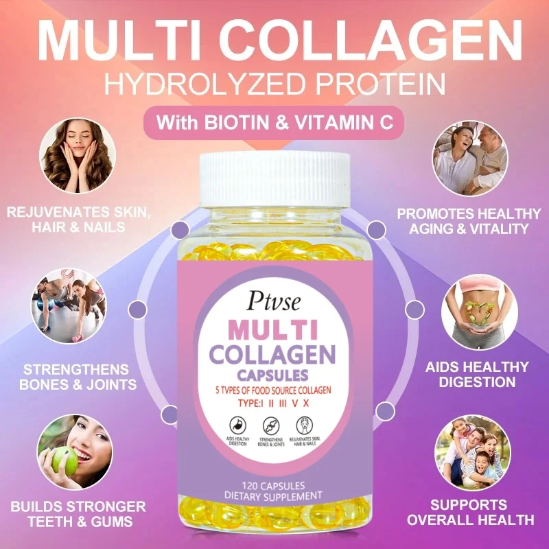 Multi Collagen Capsules Vitamin C Whitening Skin  Care Anti-aging Biotin Type I II III VX Hydrolyzed Collagen Supplemen