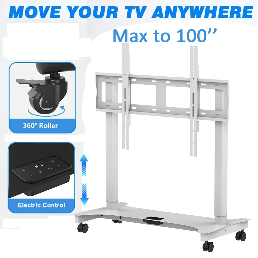Image 6: Support de télévision motorisé en acier robuste avec roulettes, système de commande double, élévateur motorisé pour téléviseurs de grande taille de 65 à 100 pouces