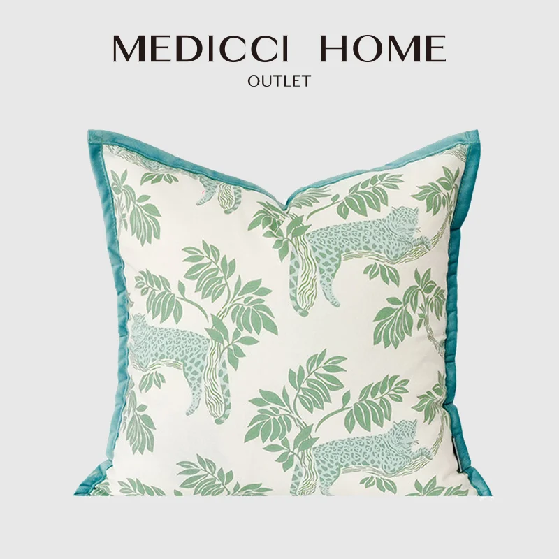 Medicci Home Whimsy Leopards Lying On Trees Decorative Cushion Cover Jungle Botanical Toile Floral Green Pillowcase For Bed Sofa