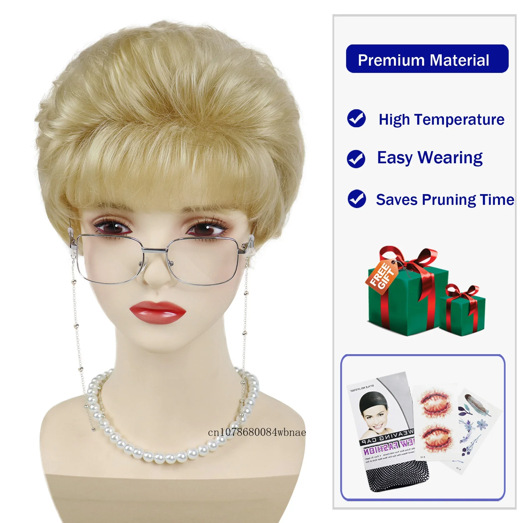 Ensemble de olympiques de vieille dame blonde pour femme, cheveux synthétiques, perruque de grand-mère, lunettes, lunettes, collier JO, 03/Cosplay, 4 pièces