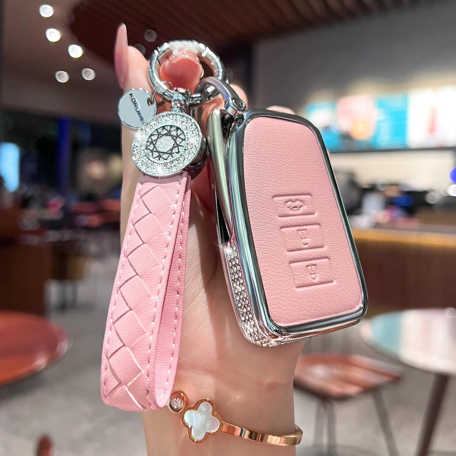 for Lexus Key Fob Cover with Keychain, Pink Genuine Leather Crystal Key Case Protection Shell Compatible with Lexus RX ES GS LS