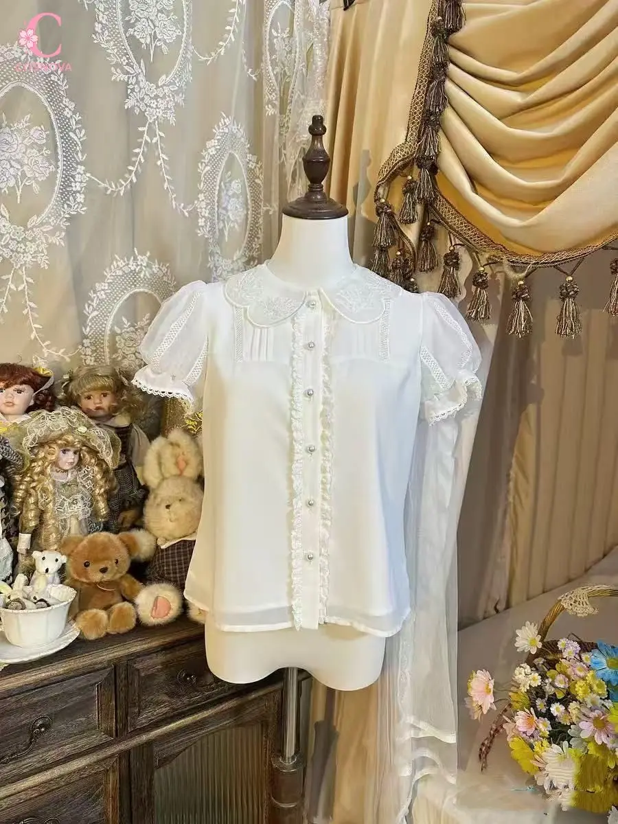 Lolita Cute Lace Puff Sleeve Collar Embroidery Hollow Out Women Blouse Ruffle Button Front Blouse Lolita Cute Daily Spring Wear