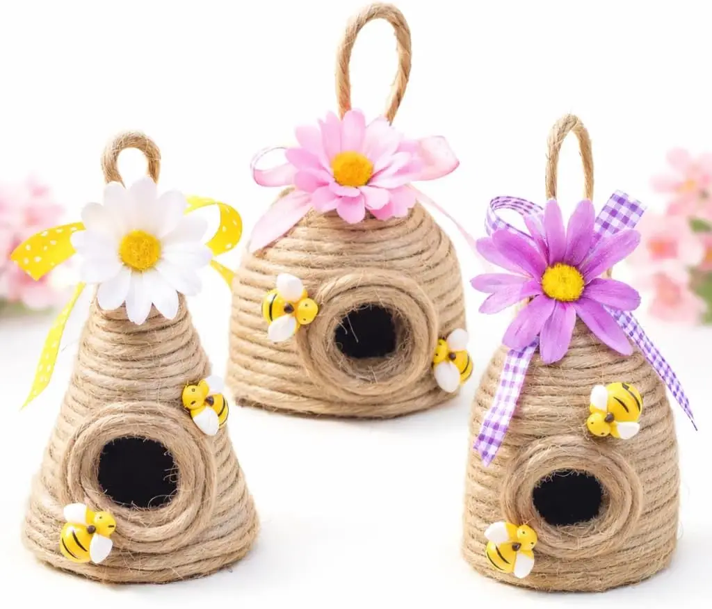 

Весенние украшения, декоративные медовые горшочки в деревенском стиле с пчелами для дома, офиса - набор из 3 натуральных ульев для летнего фермерского коттеджа