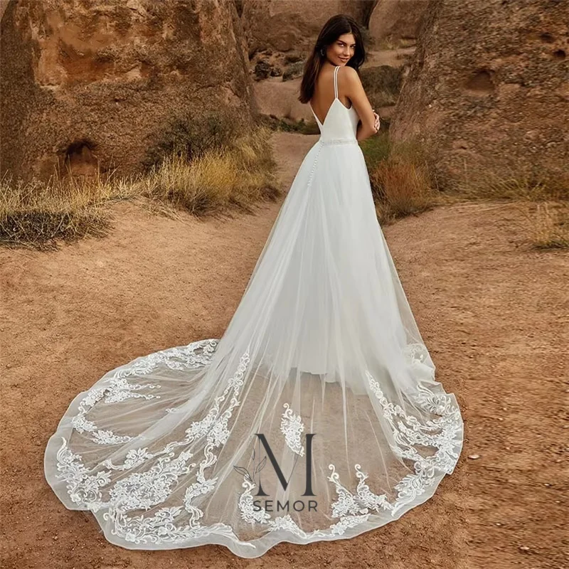 Semor 2 In 1 Wedding Jumpsuit With Detachable Skirt Two Pieces Bridal Dress Pants Suit Women Lace Tulle V-Neck Train Customized