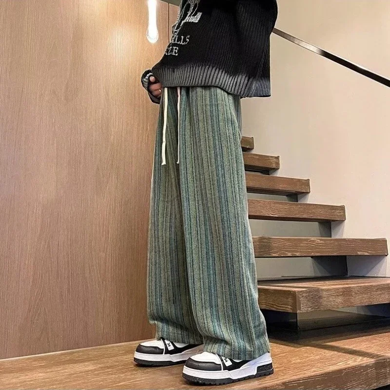 Korean Style Casual Pants Men Autumn and Winter Striped American Fashion High Street Loose Straight Full Length Trouser Male