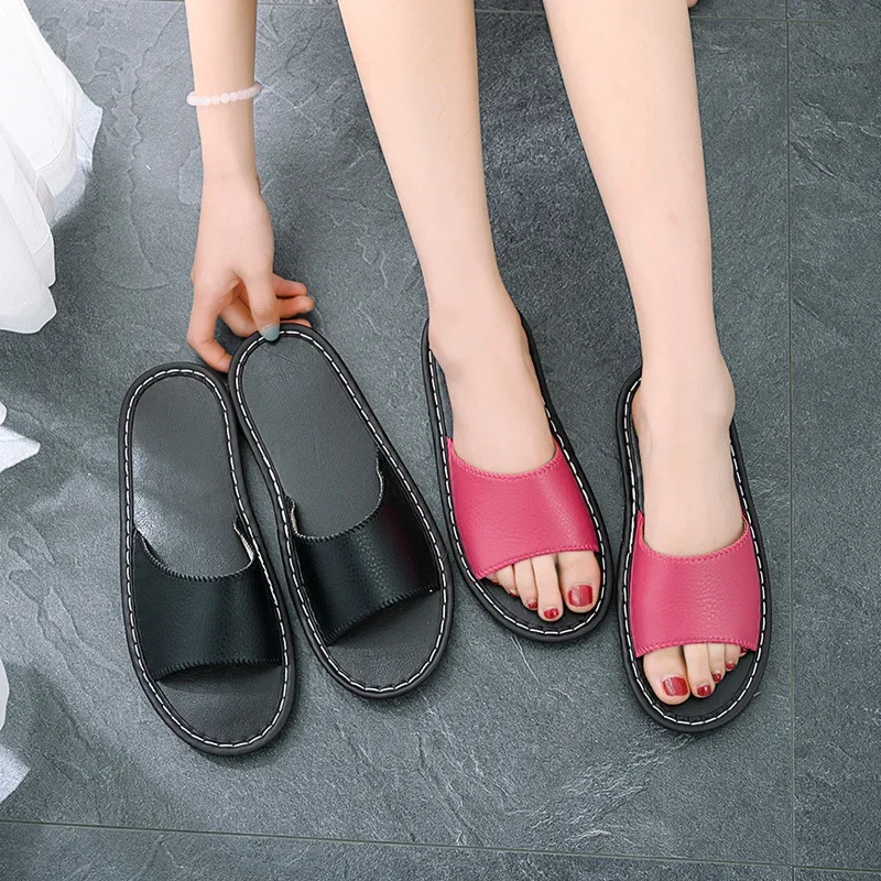 Summer Leather Home Slippers Women Simple Lovers Shoes Soft Bottom Footwear Non-Slip Bathroom Slides Indoor Men Slippers