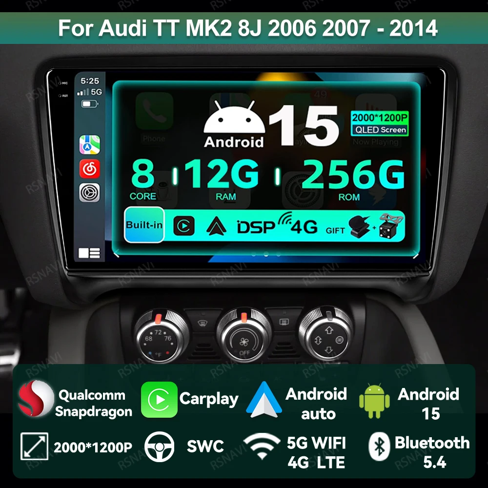 

Car Radio Android 15 For Audi TT MK2 8J 2006 2007 - 2014 4G LTE 5G WIFI Head Unit QLED Autoradio Wireless Carplay Auto GPS DSP