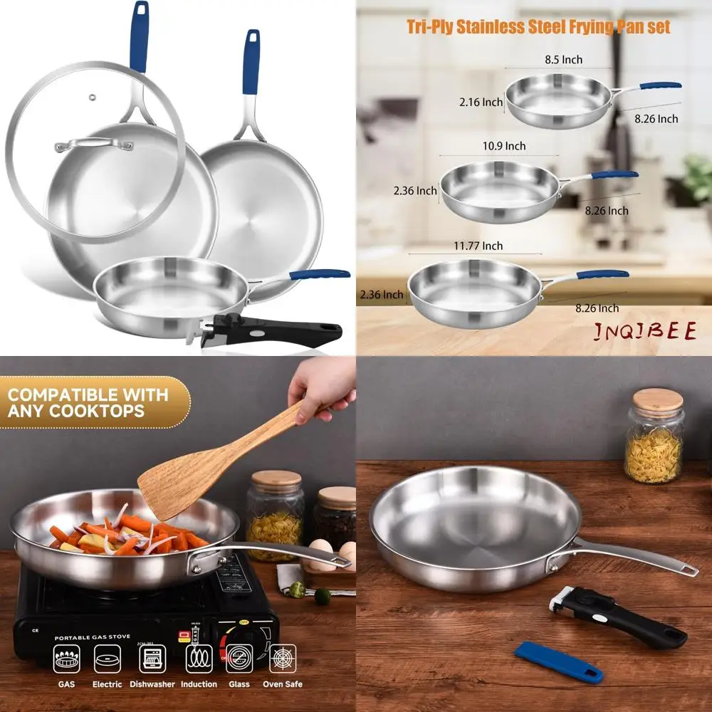 

Набор трехслойных сковородок из нержавеющей стали 8,5-10-12 дюймов с крышкой, сковородой, индукционной совместимой, сбор кастрюль и сковородок для приготовления пищи