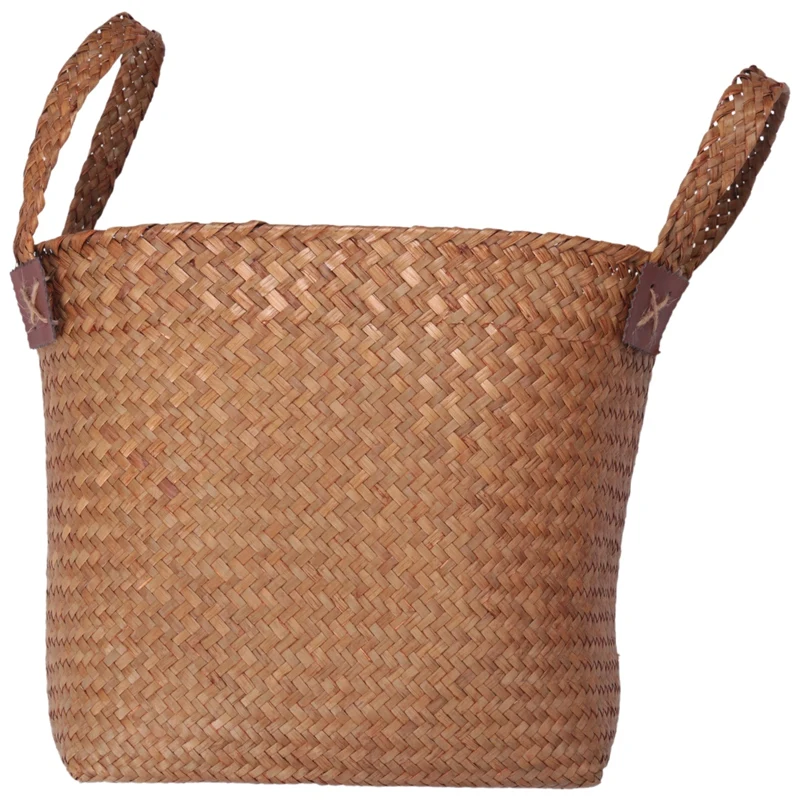 Natural Round Straw Basket Bin Handmade With Handgrip Orange 33X21x26cm