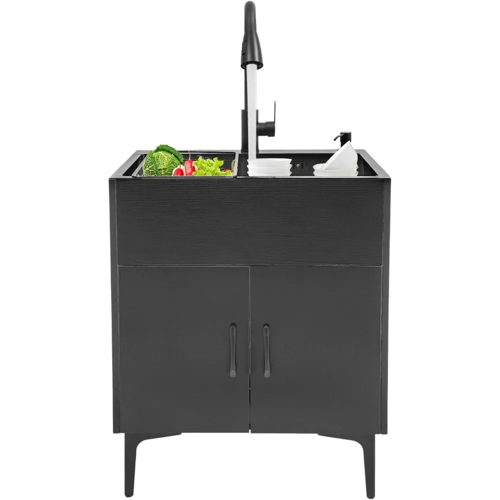 

24-Inch Laundry Sink with Cabinet and Pull-Out Sprayer Faucet, Stainless Steel Utility Sink With Draining Basket, Black Laundry