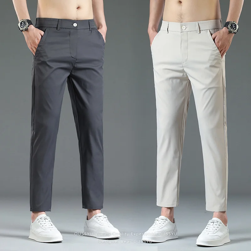 

Summer Thin Classic Ankle Length Casual Pants Men Solid Color Slim Elastic Waist Korean Khaki Grey Black Work Trousers Man 2026