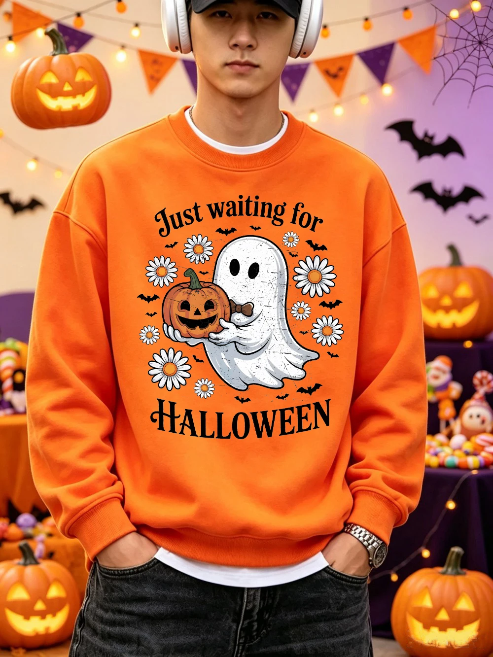 Warte nur auf Halloween-Drucke Pullover Herren Lässige Oversized Hoodies Winter Fleece Warmes Sweatshirt Einfacher Rundhals-Pullover Kleidung