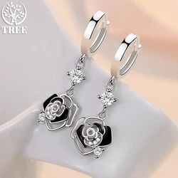 2024 New Trendy 925 Sterling Silver Earrings For Women Vintage Black Hollow Rose Flower Ear Jewelry Lady Anniversary Accessories