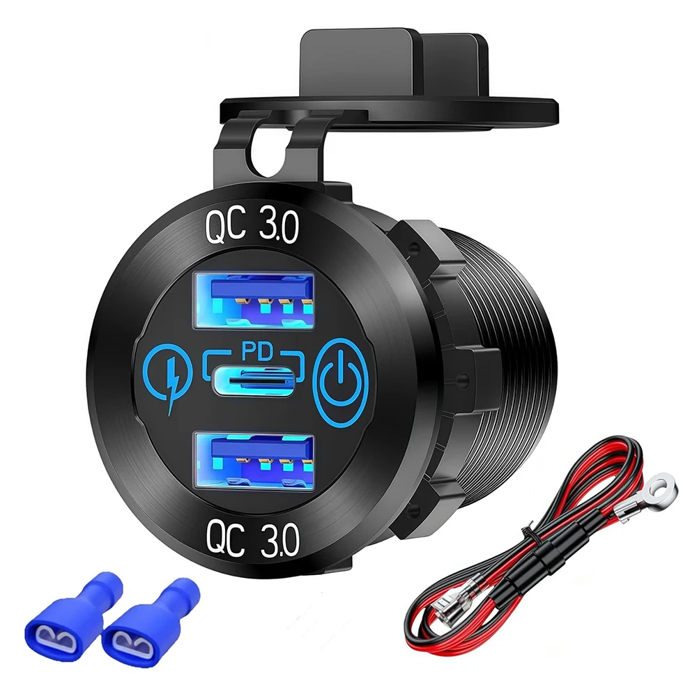 

56W 3 Ports PD Dual QC3.0 USB Car Charger Socket with ON/OFF Button Fast Charger 12V Power Outlet for Car Truck RV Marine Boat