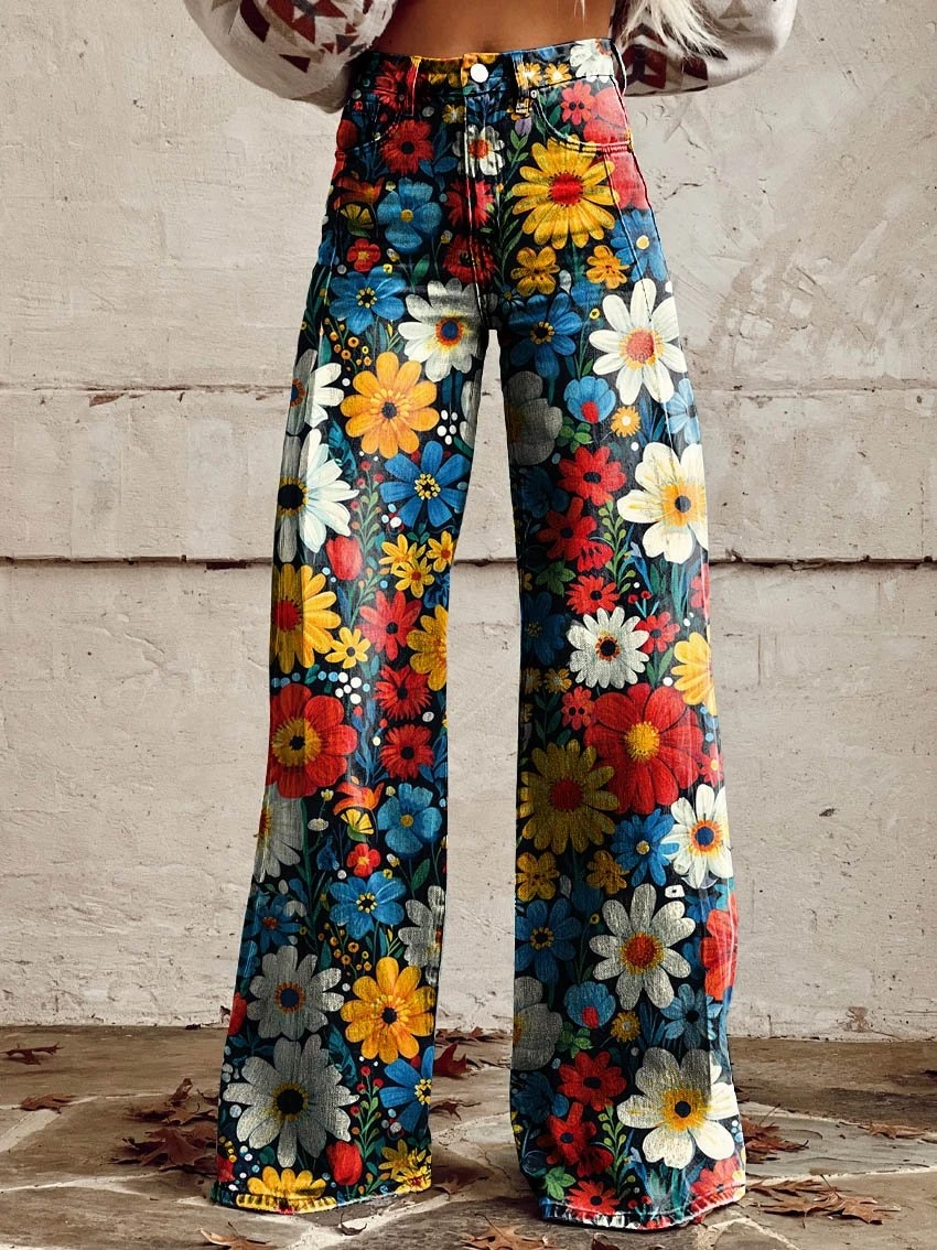 HIGH STREET New Fashionable Floral Women's Jeans Korean Elegant High Waisted Wide Leg Pants Loose Full Ladies Casual Denim Pants