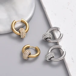 Classic Women's Hoop Earrings Stainless Steel Crystal Rhinestone Round Geometric Gold Silver Color Vintage Jewelry Party Gift