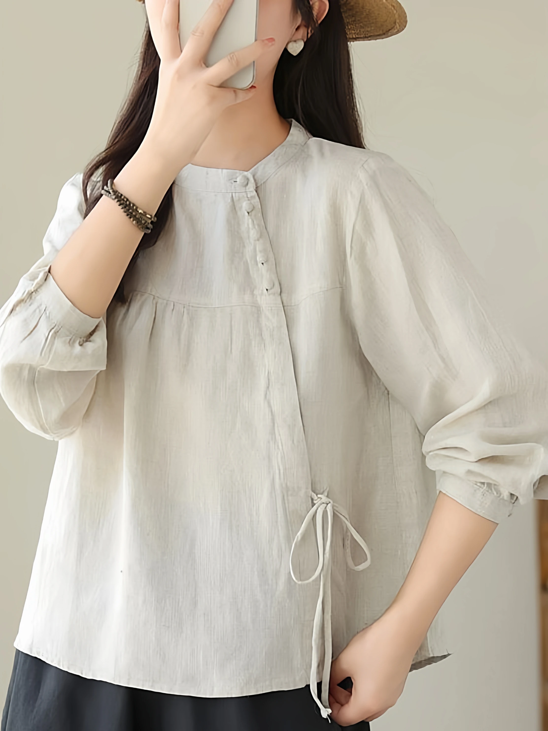 

Retro Cotton Linen irt Women Early Autumn plus Size Slimming Versatile Design Belly Covering Anti-Aging Long Sve Top