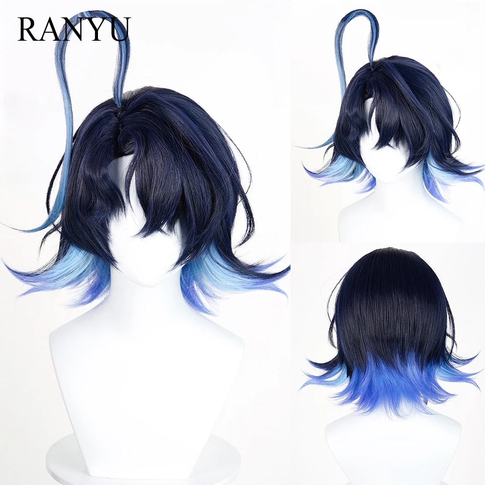 

Короткие синтетические прямые синие парики с челкой, аниме-игра, пушистый парик для косплея, термостойкий для повседневной вечеринки