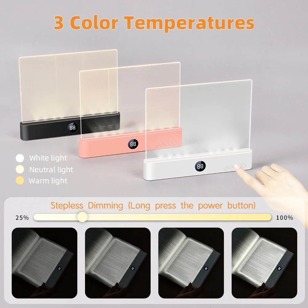 Lámpara de Lectura, Luces LED, Lámparas de Lectura LED Planas Recargables, 3 Colores y Temporizador, Lámpara de Panel Regulable