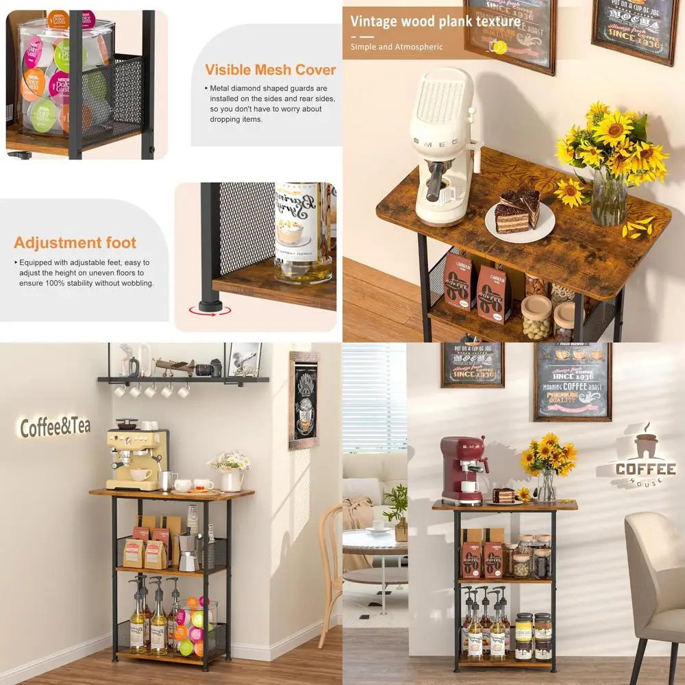 

3-Tier Espresso Coffee Bar Shelf, Compact Living & Dining Room Coffee Table, Brown & Black Coffee Maker