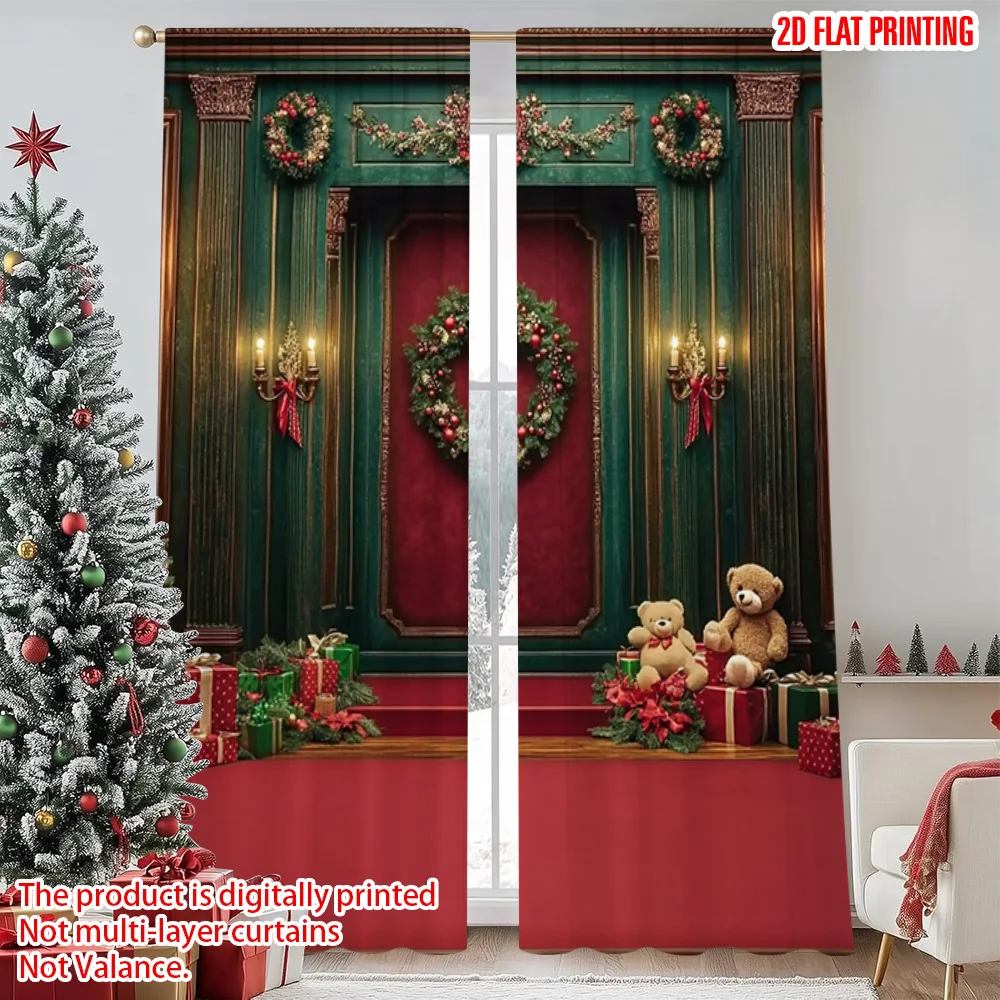

2pcs 2D flat printing Christmas Curtains Christmas wreath Christmas tree Christmas candle Fabric Without Electricity Festive