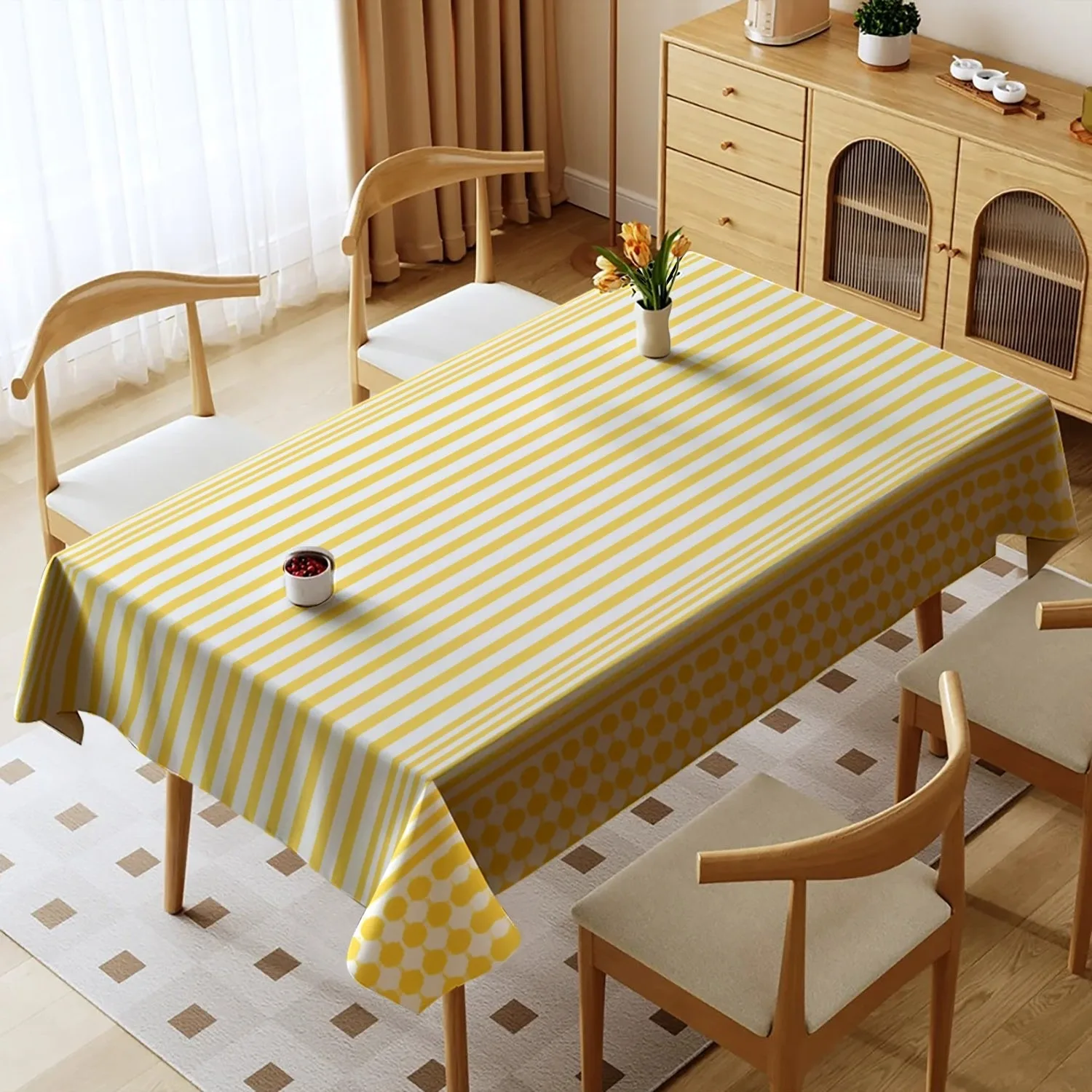 Single-sided printed, simple yellow and white striped pattern tablecloth. Available in various sizes. Suitable for daily use.