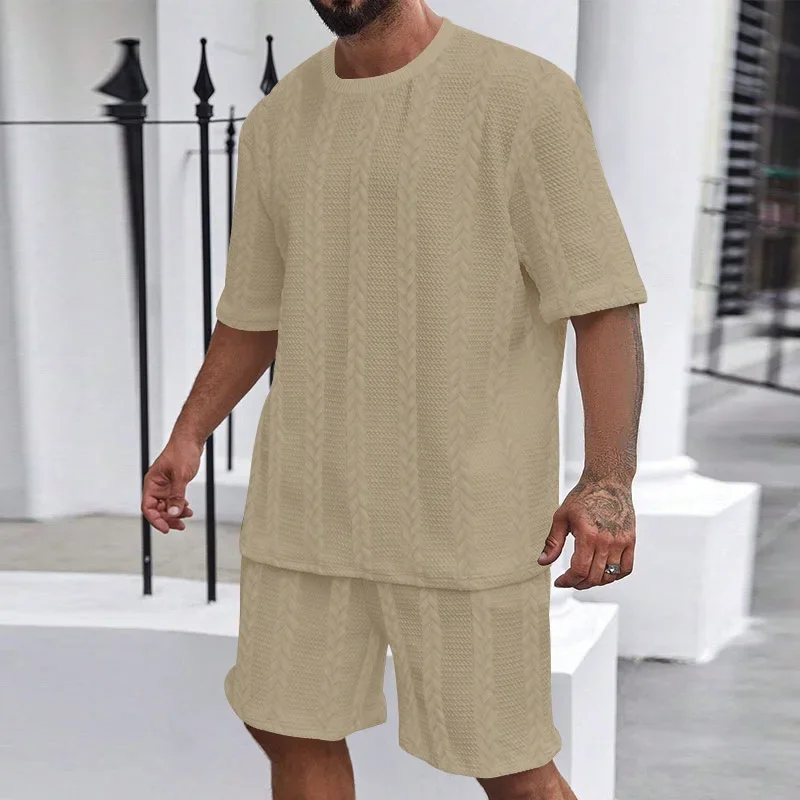 2024 European and American Knitted Jacquard Summer Casual Short Sleeve Sports Suit Men's Round Neck Heavy Two-Piece Suit