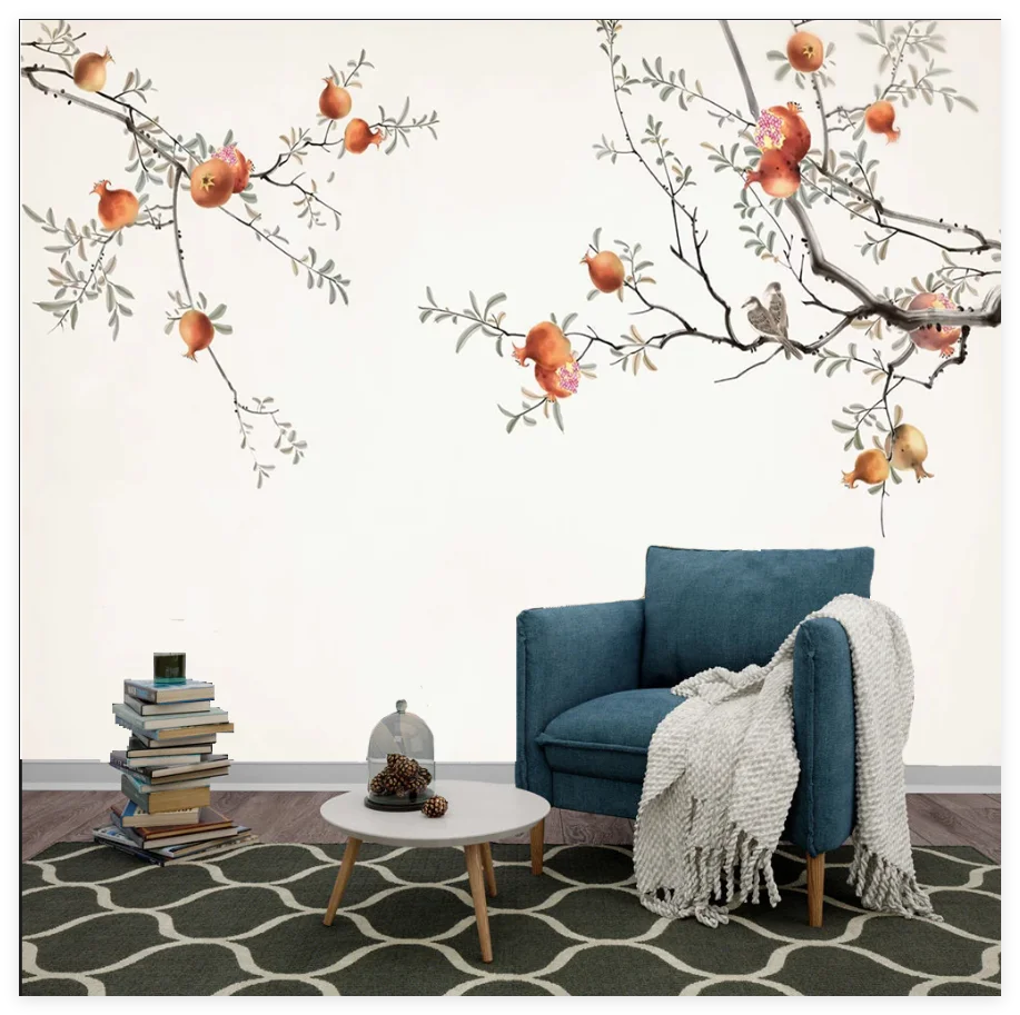 Custom mural Chinese Magnolia Magpie Wallpaper Retro Blue Brown Background Decorative Painting Persimmon Pomegranate Tree mural