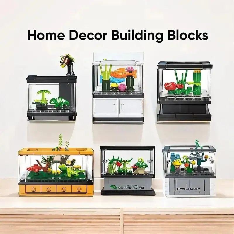 Micro Fish Tank Series Building Blocks Set Clownfish Lobster Display Box Model Children Creative Diy Educational Bricks Toys