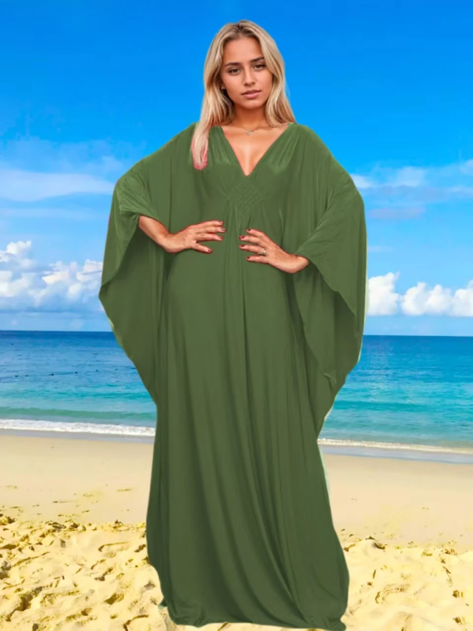 

Women's Summer Beach Bohemian Ethnic Solid Print V-neck Side-slit Beach Vacation Dress Bikini Cover-up with Knitted Design