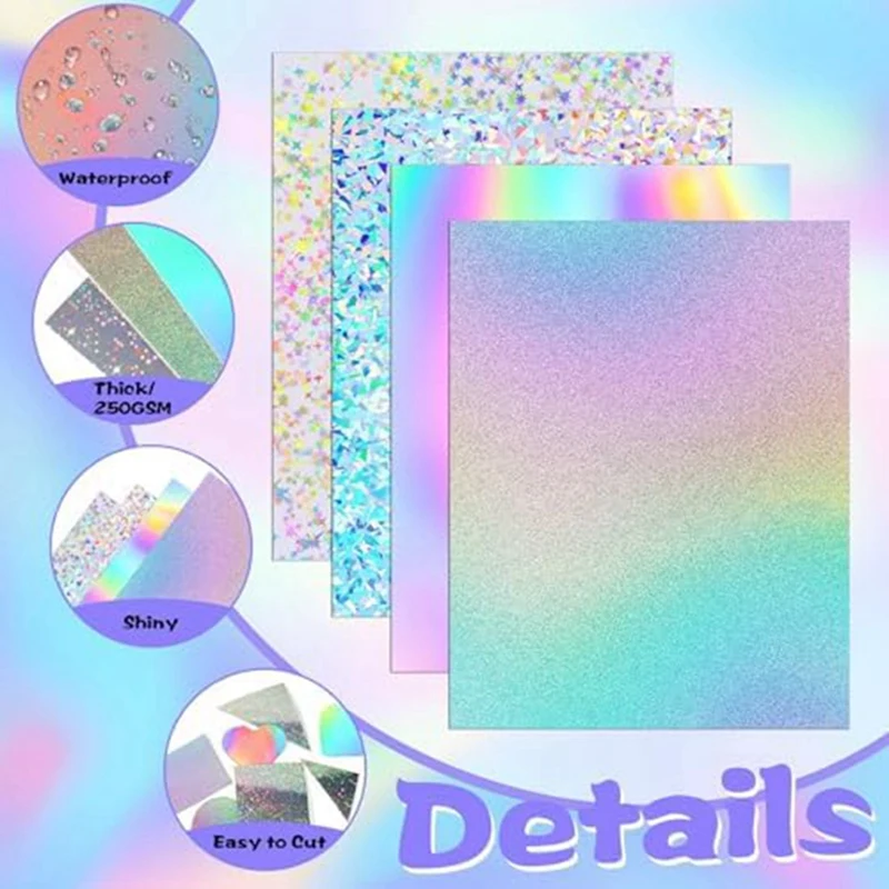 24 Sheets Holographic Cardstock Glitter Rainbow Mirror Paper Card Making, Party Decoration