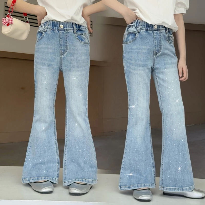 Girls Rhinestone Flare Jeans Spring Autumn Elastic Waist Stone Wash Denim Bell Bottom Pants Kids Vintage Trousers For 6‑16 Years