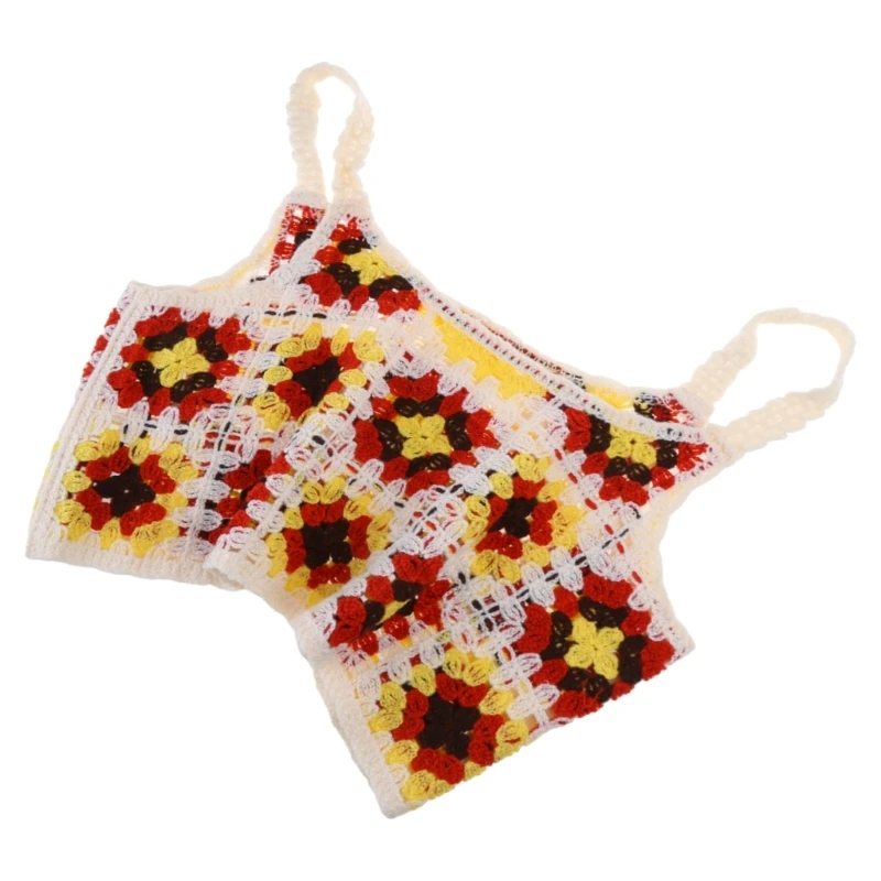 Knit Short Crop for Tank Top Women Summer Ethnic Hollow Out Crochet Contrast Color Floral Sleeveless Loose Vest Camisole image 5
