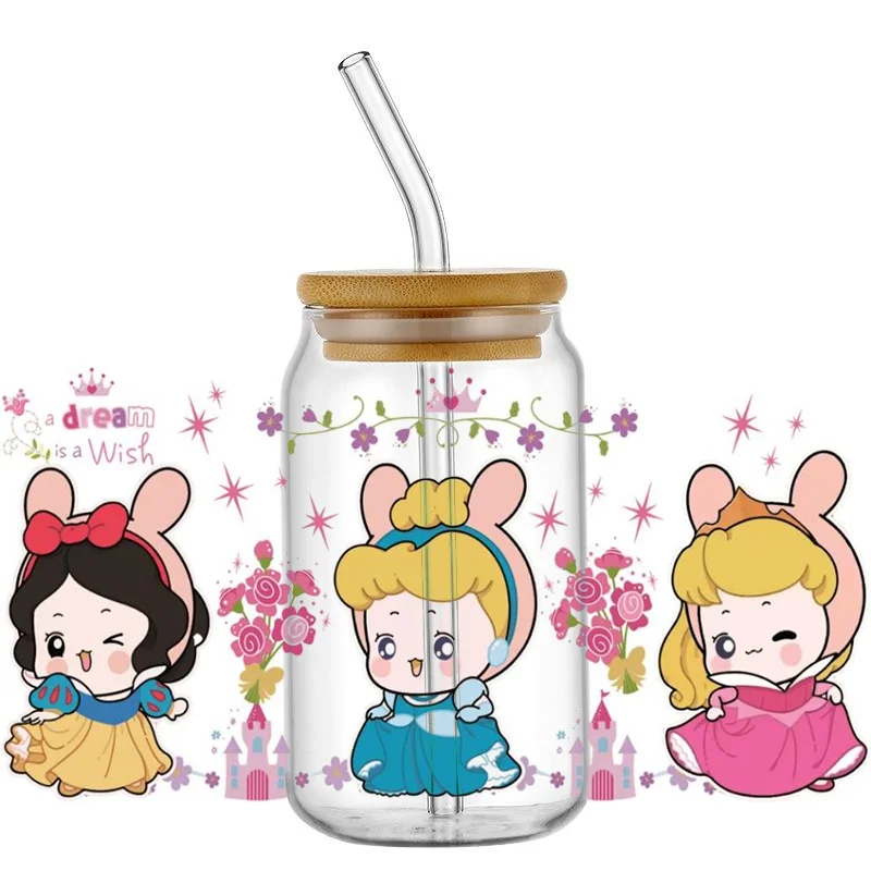 

Miniso Cartoon 16OZ Q version Princess UV DTF Cup Wraps Transfer Sticker For Glass Libbey Can Selfadhesive Washable DIY Custom