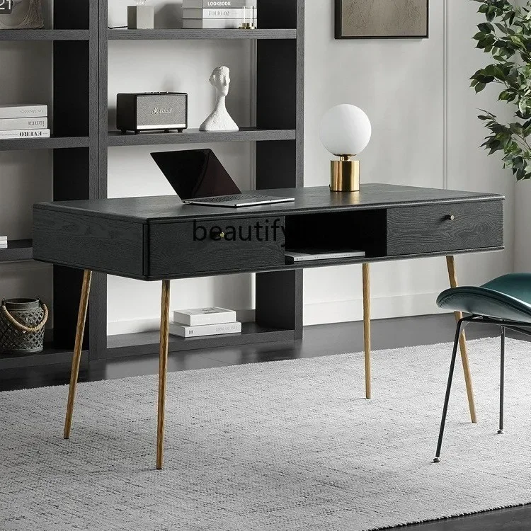 Nordic Solid Wood Desk Mid-Ancient Industrial Style Oak Drawer Storage Study Computer Desk