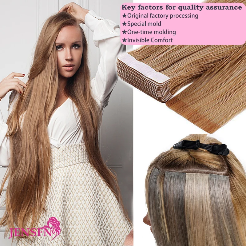 JENSFN-extensiones de cabello humano con cinta virgen, extensiones de cabello Natural Real, 16 "-22", para salón, alta calidad, engrosamiento de raíces