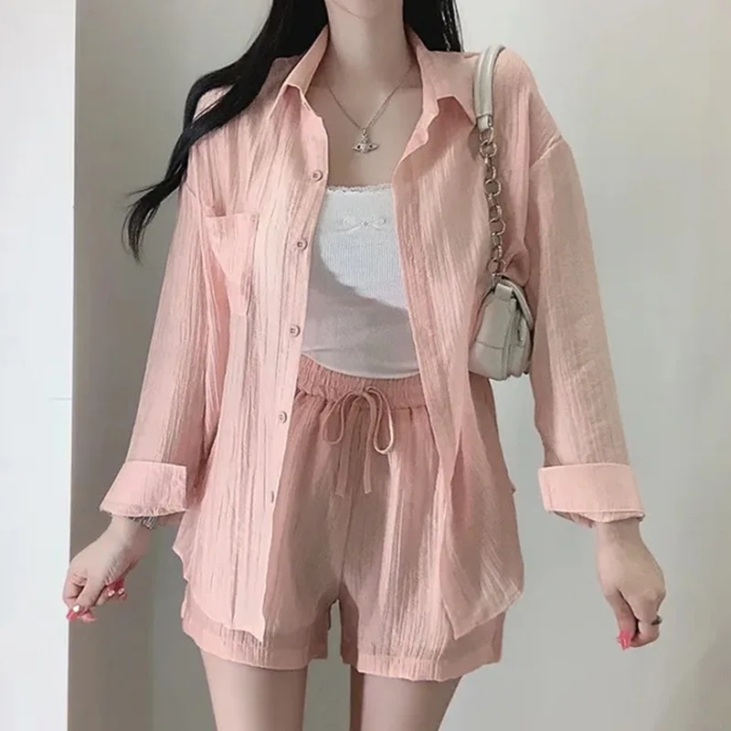 Korea Elegant Fashion Casual Solid Color Slimming Long Sleeve Shirt + Shorts Set For Women Trendy Fashion Women Top OGG8
