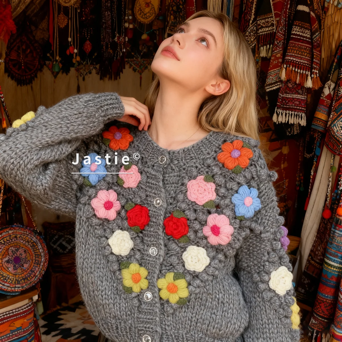 

Серый богемный свитер ручной работы с цветочным принтом, кардиган, осенне-зимний стиль, французский однобортный свободный свитер с длинными рукавами и круглым вырезом