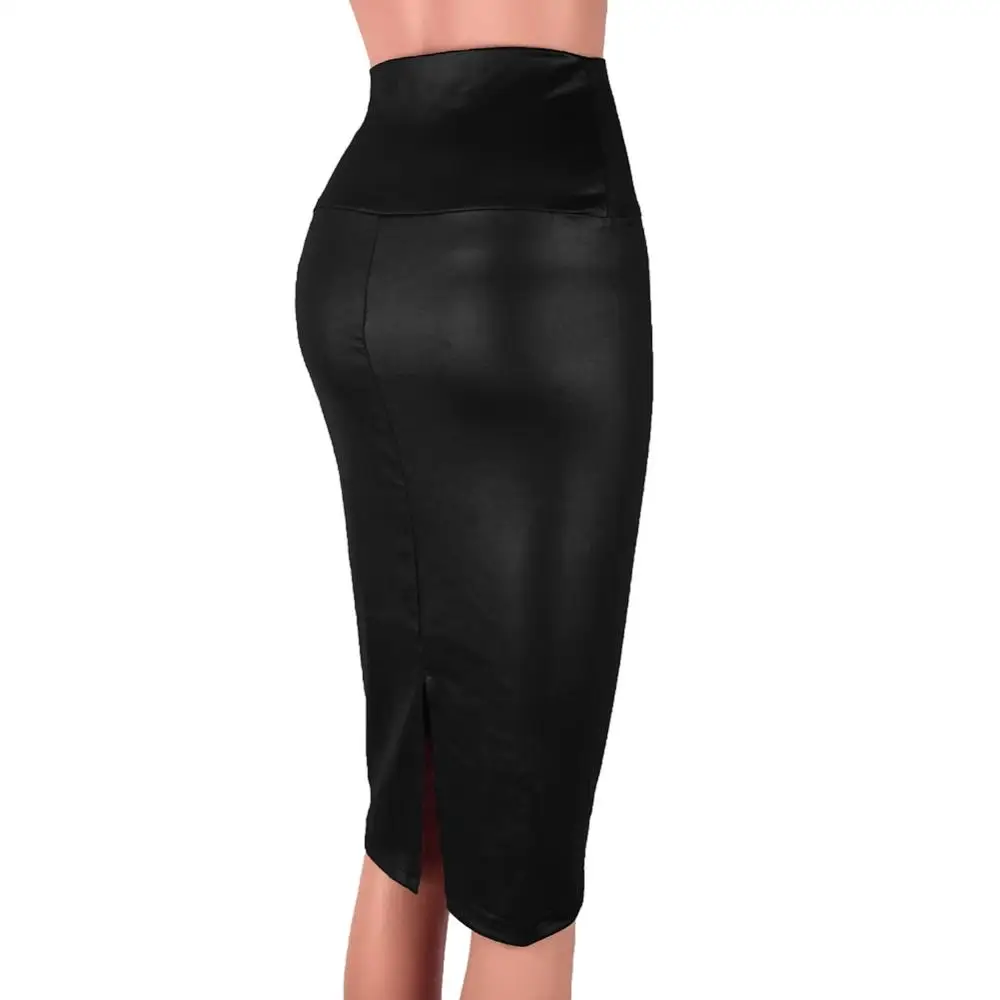 High Waist Bodycon Fashion Elegant Skirt Split Faux Leather Women Knee Length Pencil Skirt