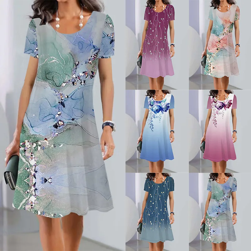 

New Bohemia Floral Dress Women Casual Crew Neck High Waist Half Sleeve Fashion Print Summer Long Dress Evening Dresses