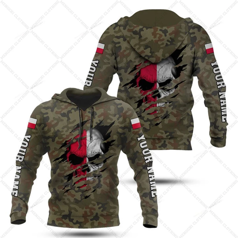 Custom Name Poland Skull Graphic Camouflage Hoodies Shirts Unisex Loose Sweatshirts Casual Pullover Oversized Tops Streetwear