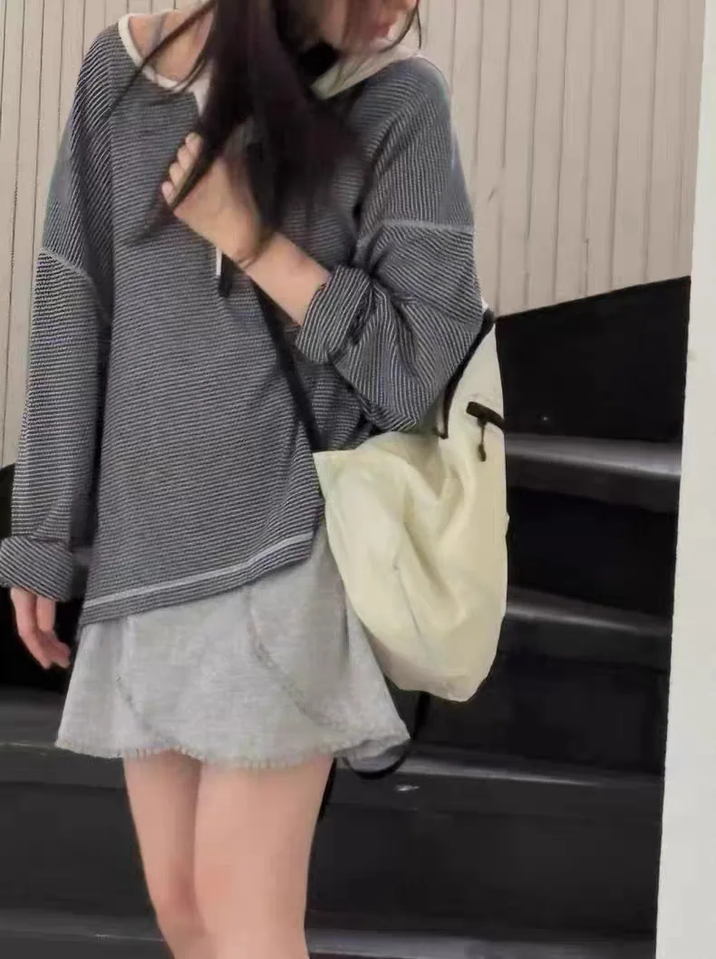 

Winter 2025 Women's Long Sve T-irt Henry Collar Striped Color Blo Korean Sle Loose Fit Casual Cotton Top